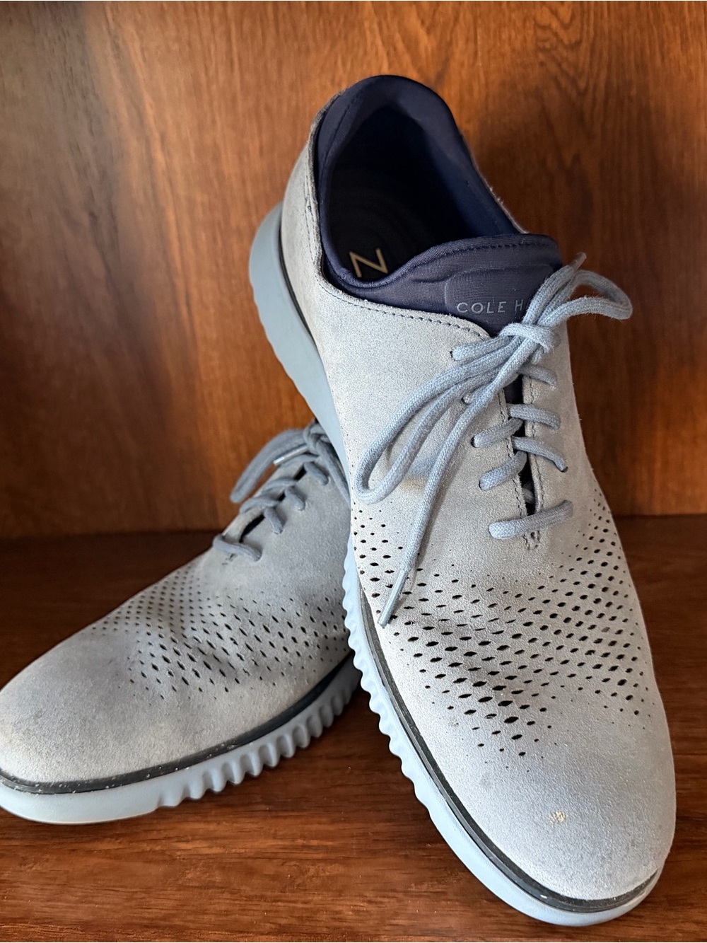 Cole Haan Light Powder Blue Suede Perforated Derby Shoes